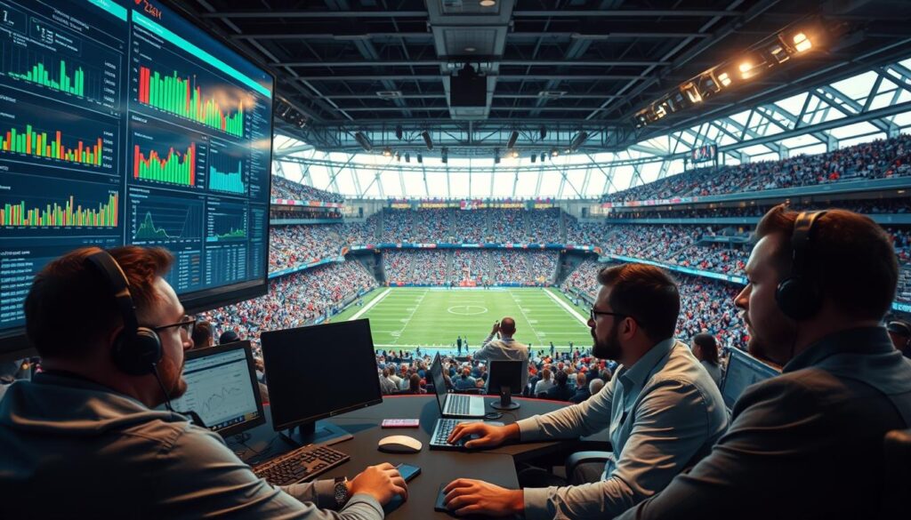 A bustling data analytics command center, with a large screen displaying colorful charts and graphs tracking team performance metrics. In the foreground, a team of analysts intently studying the data, their expressions focused and engaged. Mid-ground, a panoramic view of a modern sports stadium, its stands filled with enthusiastic fans. The atmosphere is one of analytical precision and electric fan energy, captured in a high-resolution, cinematic wide-angle shot with dramatic lighting and depth of field. A bustling data analytics command center, with a large screen displaying colorful charts and graphs tracking team performance metrics. In the foreground, a team of analysts intently studying the data, their expressions focused and engaged. Mid-ground, a panoramic view of a modern sports stadium, its stands filled with enthusiastic fans. The atmosphere is one of analytical precision and electric fan energy, captured in a high-resolution, cinematic wide-angle shot with dramatic lighting and depth of field.