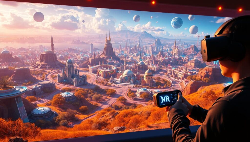 A captivating landscape showcasing the pinnacle of VR gaming experiences. In the foreground, a player immerses themselves in a vibrant, futuristic world, their movements seamlessly synchronized with the game's intricate mechanics. The middle ground features an array of cutting-edge VR headsets and controllers, each reflecting the innovation and creativity driving the industry. In the background, a panoramic vista of virtual cityscapes, alien landscapes, and fantastical realms, all beckoning the player to explore their boundless possibilities. Illuminated by a warm, cinematic lighting that captures the awe-inspiring essence of these groundbreaking VR titles, the scene exudes a sense of wonder and excitement, inviting the viewer to imagine the limitless potential of this transformative technology. A captivating landscape showcasing the pinnacle of VR gaming experiences. In the foreground, a player immerses themselves in a vibrant, futuristic world, their movements seamlessly synchronized with the game's intricate mechanics. The middle ground features an array of cutting-edge VR headsets and controllers, each reflecting the innovation and creativity driving the industry. In the background, a panoramic vista of virtual cityscapes, alien landscapes, and fantastical realms, all beckoning the player to explore their boundless possibilities. Illuminated by a warm, cinematic lighting that captures the awe-inspiring essence of these groundbreaking VR titles, the scene exudes a sense of wonder and excitement, inviting the viewer to imagine the limitless potential of this transformative technology.