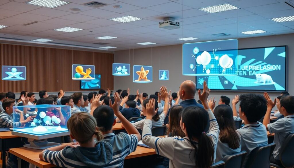 A classroom filled with students, their attention captivated by dynamic holographic displays. Crisp, high-definition images float effortlessly in the air, interacting with the lesson material. Vibrant colors and intricate 3D models come to life, engaging the students' senses and igniting their curiosity. Sleek, futuristic devices project the holograms, their clean lines and minimal design blending seamlessly into the modern learning environment. Soft, diffused lighting sets the perfect mood, complementing the mesmerizing holographic effects. The students lean forward, hands raised, eager to explore the boundless possibilities of this transformative educational technology. A classroom filled with students, their attention captivated by dynamic holographic displays. Crisp, high-definition images float effortlessly in the air, interacting with the lesson material. Vibrant colors and intricate 3D models come to life, engaging the students' senses and igniting their curiosity. Sleek, futuristic devices project the holograms, their clean lines and minimal design blending seamlessly into the modern learning environment. Soft, diffused lighting sets the perfect mood, complementing the mesmerizing holographic effects. The students lean forward, hands raised, eager to explore the boundless possibilities of this transformative educational technology.