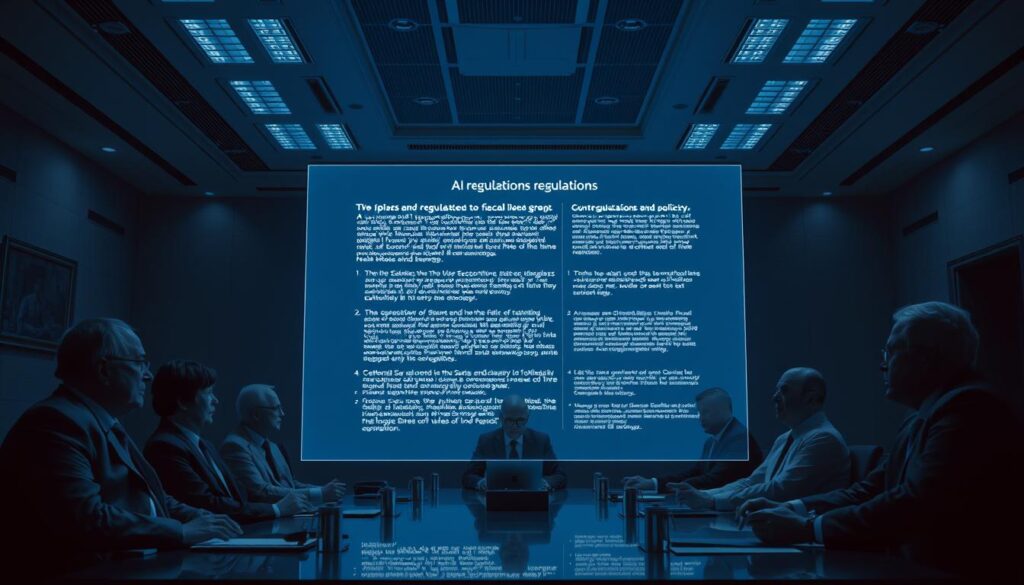 A dimly lit government office, with a stark, clinical atmosphere. In the center, a holographic display projects a series of regulations and policies governing the use of AI facial recognition technology. Surrounding it, a panel of bureaucrats and policymakers examine the documents, their expressions grave and pensive. The room is bathed in a cool, bluish light, conveying a sense of seriousness and the weight of the decisions being made. The details of the regulations are crisp and legible, underscoring the importance of this regulatory landscape in shaping the future of AI surveillance. A dimly lit government office, with a stark, clinical atmosphere. In the center, a holographic display projects a series of regulations and policies governing the use of AI facial recognition technology. Surrounding it, a panel of bureaucrats and policymakers examine the documents, their expressions grave and pensive. The room is bathed in a cool, bluish light, conveying a sense of seriousness and the weight of the decisions being made. The details of the regulations are crisp and legible, underscoring the importance of this regulatory landscape in shaping the future of AI surveillance.