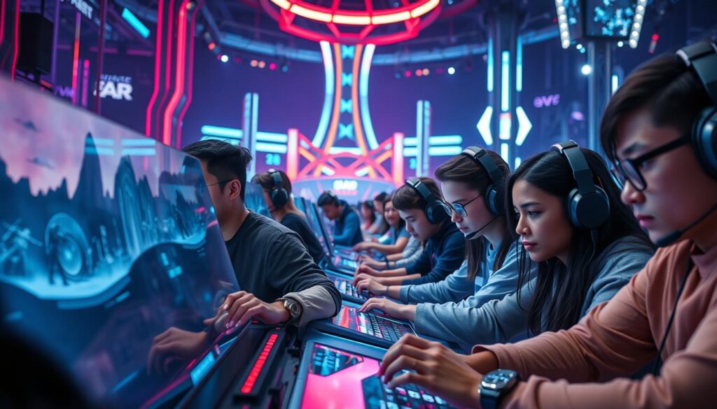 A diverse group of competitors, representing a range of ages, ethnicities, and genders, engaged in intense virtual gaming matches within high-tech, neon-lit arenas. The foreground features intense close-up views of the players, their faces filled with determination and focus, as they skillfully maneuver their characters on sleek, holographic displays. The middle ground showcases the dynamic, immersive environments, with abstract landscape elements, floating platforms, and pulsing energy fields. The background layers in a sense of depth, with towering, futuristic structures and dazzling light displays creating an atmosphere of technological grandeur. Crisp, high-contrast lighting accentuates the competition's intensity, while a cinematic camera angle heightens the sense of drama and excitement. A diverse group of competitors, representing a range of ages, ethnicities, and genders, engaged in intense virtual gaming matches within high-tech, neon-lit arenas. The foreground features intense close-up views of the players, their faces filled with determination and focus, as they skillfully maneuver their characters on sleek, holographic displays. The middle ground showcases the dynamic, immersive environments, with abstract landscape elements, floating platforms, and pulsing energy fields. The background layers in a sense of depth, with towering, futuristic structures and dazzling light displays creating an atmosphere of technological grandeur. Crisp, high-contrast lighting accentuates the competition's intensity, while a cinematic camera angle heightens the sense of drama and excitement.