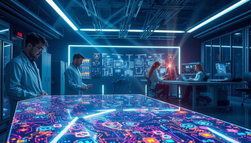 A futuristic laboratory setting, with a team of scientists meticulously examining a flexible, holographic display panel. The foreground features the panel, its surface shimmering with intricate patterns and holograms. In the middle ground, intricate wiring and circuit boards are visible, indicating the complex technological challenges involved. The background is a dimly lit, high-tech environment, with sleek, angular workstations and an array of monitoring equipment casting an ethereal glow. Rays of light refract through the holographic display, creating an atmosphere of innovation and wonder, yet underlining the formidable obstacles to widespread adoption of this cutting-edge screen technology. A futuristic laboratory setting, with a team of scientists meticulously examining a flexible, holographic display panel. The foreground features the panel, its surface shimmering with intricate patterns and holograms. In the middle ground, intricate wiring and circuit boards are visible, indicating the complex technological challenges involved. The background is a dimly lit, high-tech environment, with sleek, angular workstations and an array of monitoring equipment casting an ethereal glow. Rays of light refract through the holographic display, creating an atmosphere of innovation and wonder, yet underlining the formidable obstacles to widespread adoption of this cutting-edge screen technology.