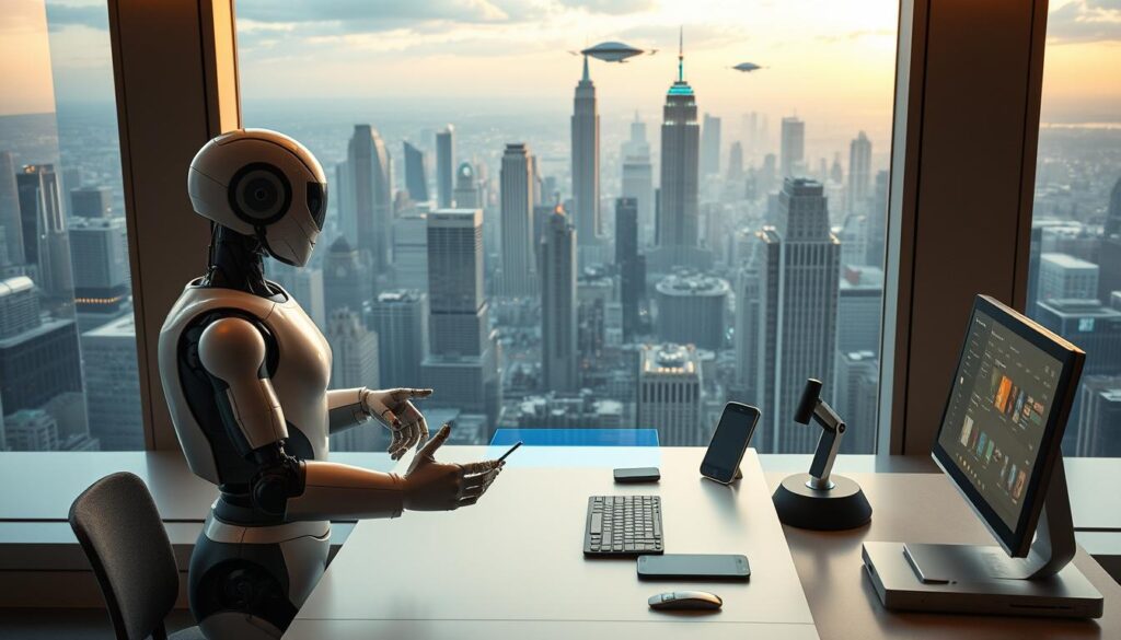 A futuristic workspace showcasing the innovations of multimodal virtual assistants. In the foreground, a humanoid robot assistant interacts with a user through voice, gestures, and a holographic display. The middle ground features a sleek, minimalist desk with a variety of integrated devices and sensors, enabling seamless multimodal interactions. In the background, a vast cityscape with towering skyscrapers and hovercraft traffic sets the scene for this advanced technological environment. Soft, warm lighting illuminates the space, creating an inviting and immersive atmosphere. The overall composition conveys the power and potential of multimodal virtual assistants to revolutionize human-computer interaction in the years to come. A futuristic workspace showcasing the innovations of multimodal virtual assistants. In the foreground, a humanoid robot assistant interacts with a user through voice, gestures, and a holographic display. The middle ground features a sleek, minimalist desk with a variety of integrated devices and sensors, enabling seamless multimodal interactions. In the background, a vast cityscape with towering skyscrapers and hovercraft traffic sets the scene for this advanced technological environment. Soft, warm lighting illuminates the space, creating an inviting and immersive atmosphere. The overall composition conveys the power and potential of multimodal virtual assistants to revolutionize human-computer interaction in the years to come.