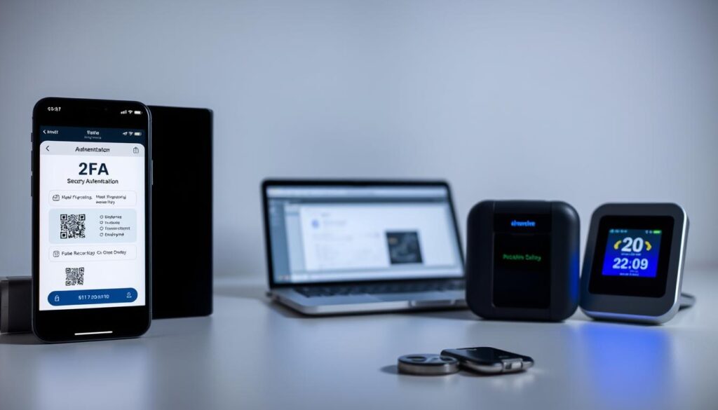 A high-angle view showcasing various two-factor authentication options against a clean, minimalist backdrop. In the foreground, a smartphone displaying a 2FA app with security codes, biometric options like fingerprint and facial recognition, and hardware security keys. In the middle ground, a laptop and an authenticator device with a digital display. Soft, directional lighting emphasizes the technology's sleek, modern aesthetic, conveying a sense of enhanced digital security and protection. The overall mood is one of efficiency, reliability, and technological sophistication. A high-angle view showcasing various two-factor authentication options against a clean, minimalist backdrop. In the foreground, a smartphone displaying a 2FA app with security codes, biometric options like fingerprint and facial recognition, and hardware security keys. In the middle ground, a laptop and an authenticator device with a digital display. Soft, directional lighting emphasizes the technology's sleek, modern aesthetic, conveying a sense of enhanced digital security and protection. The overall mood is one of efficiency, reliability, and technological sophistication.