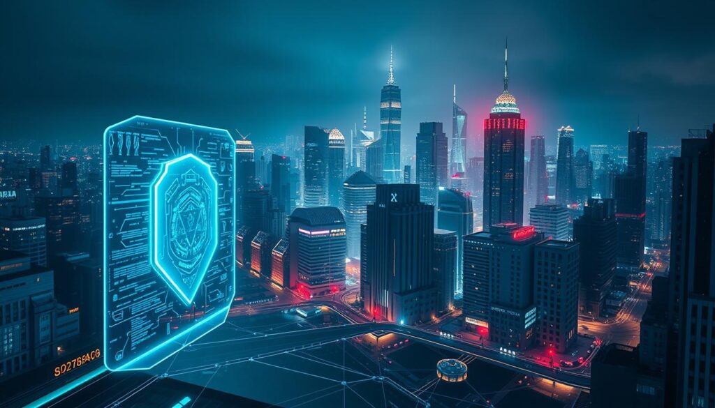 A high-tech cityscape at night, bathed in a cool, neon-tinged glow. In the foreground, a sleek, angular firewall interface dominates the scene, its holographic displays projecting complex data visualizations. In the middle ground, a team of cybersecurity experts navigate a virtual landscape, using advanced tools to detect and neutralize network intrusions. In the background, the towering skyscrapers of the metropolis are shrouded in a haze of digital activity, underscoring the ever-evolving nature of cyber threats. The lighting is dramatic, with sharp contrasts and dramatic shadows, creating a sense of tension and urgency. The overall mood is one of cutting-edge technology, vigilance, and the constant battle to stay ahead of the latest cyber dangers. A high-tech cityscape at night, bathed in a cool, neon-tinged glow. In the foreground, a sleek, angular firewall interface dominates the scene, its holographic displays projecting complex data visualizations. In the middle ground, a team of cybersecurity experts navigate a virtual landscape, using advanced tools to detect and neutralize network intrusions. In the background, the towering skyscrapers of the metropolis are shrouded in a haze of digital activity, underscoring the ever-evolving nature of cyber threats. The lighting is dramatic, with sharp contrasts and dramatic shadows, creating a sense of tension and urgency. The overall mood is one of cutting-edge technology, vigilance, and the constant battle to stay ahead of the latest cyber dangers.