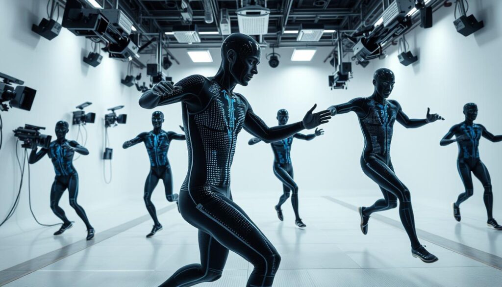 A high-tech motion capture studio, with athletes donning sleek, full-body suits covered in reflective markers. Numerous high-speed cameras surround the scene, capturing every subtle movement and twitch. The athletes perform a range of dynamic sports maneuvers, their bodies a blur of precision and power. Advanced software visualizes the biomechanical data in real-time, revealing intricate force vectors, joint angles, and muscle activations. The sterile, clinical environment is bathed in cool, white lighting, creating a sense of scientific rigor and technological innovation. Cutting-edge sports biomechanics at its finest. A high-tech motion capture studio, with athletes donning sleek, full-body suits covered in reflective markers. Numerous high-speed cameras surround the scene, capturing every subtle movement and twitch. The athletes perform a range of dynamic sports maneuvers, their bodies a blur of precision and power. Advanced software visualizes the biomechanical data in real-time, revealing intricate force vectors, joint angles, and muscle activations. The sterile, clinical environment is bathed in cool, white lighting, creating a sense of scientific rigor and technological innovation. Cutting-edge sports biomechanics at its finest.