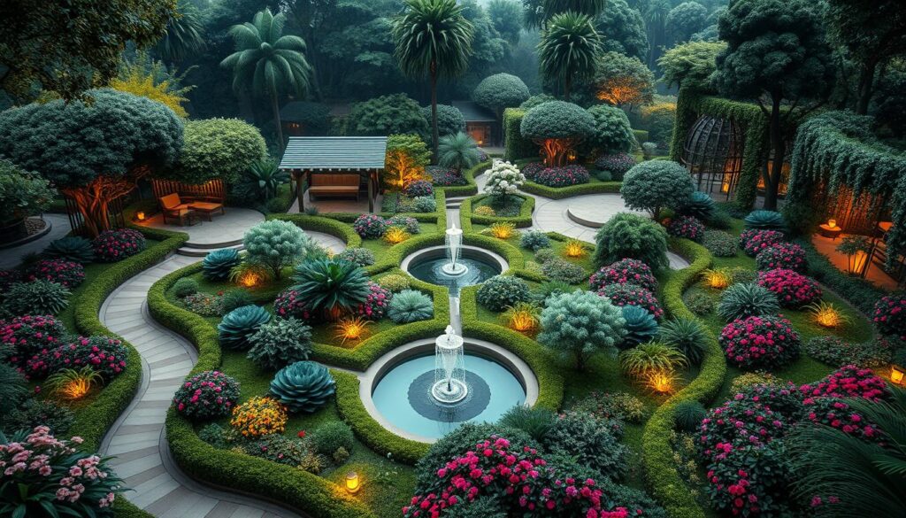 A lush, interconnected garden landscape. In the foreground, graceful pathways wind through a tapestry of vibrant, carefully curated flora. A central water feature - a reflecting pool or a serene fountain - adds a calming, mirrored surface. Strategically placed smart sensors and lighting are seamlessly integrated, enhancing the overall ambiance. The middle ground features various seating areas and sheltered zones, blending functionality and aesthetic appeal. Towards the background, a harmonious mix of trees, shrubs, and climbing vines create a sense of depth and natural harmony. Warm, diffused lighting accentuates the organic forms, while a subtle futuristic undertone suggests the integration of cutting-edge technology. The overall atmosphere evokes a tranquil, technologically-enhanced oasis where nature and modern design coexist in perfect synergy. A lush, interconnected garden landscape. In the foreground, graceful pathways wind through a tapestry of vibrant, carefully curated flora. A central water feature - a reflecting pool or a serene fountain - adds a calming, mirrored surface. Strategically placed smart sensors and lighting are seamlessly integrated, enhancing the overall ambiance. The middle ground features various seating areas and sheltered zones, blending functionality and aesthetic appeal. Towards the background, a harmonious mix of trees, shrubs, and climbing vines create a sense of depth and natural harmony. Warm, diffused lighting accentuates the organic forms, while a subtle futuristic undertone suggests the integration of cutting-edge technology. The overall atmosphere evokes a tranquil, technologically-enhanced oasis where nature and modern design coexist in perfect synergy.