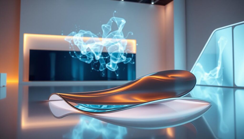 A majestic display of flexible screen technology innovation, showcasing the future of digital displays. In the foreground, a sleek, curved device seamlessly bends and flexes, its ultra-thin screen adapting to various forms and shapes. Illuminated by warm, soft lighting, the device's glass-like surface reflects the surrounding environment, hinting at its versatility. In the middle ground, holographic projections dance ethereally, demonstrating the cutting-edge capabilities of this revolutionary technology. The background is a minimalist, futuristic setting, with clean lines and subtle details that emphasize the innovative nature of the scene. An atmosphere of awe-inspiring progress and boundless possibilities permeates the image, capturing the essence of the flexible screen revolution. A majestic display of flexible screen technology innovation, showcasing the future of digital displays. In the foreground, a sleek, curved device seamlessly bends and flexes, its ultra-thin screen adapting to various forms and shapes. Illuminated by warm, soft lighting, the device's glass-like surface reflects the surrounding environment, hinting at its versatility. In the middle ground, holographic projections dance ethereally, demonstrating the cutting-edge capabilities of this revolutionary technology. The background is a minimalist, futuristic setting, with clean lines and subtle details that emphasize the innovative nature of the scene. An atmosphere of awe-inspiring progress and boundless possibilities permeates the image, capturing the essence of the flexible screen revolution.