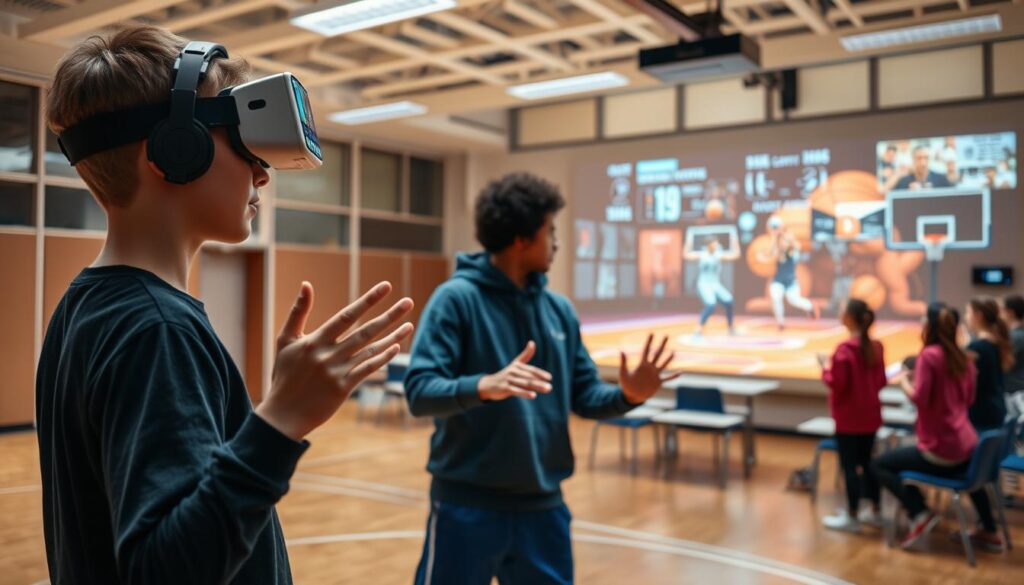 A mixed reality sports education scene. In the foreground, a student wears an augmented reality headset, hands gesturing to overlay digital information on a real-world basketball court. In the middle ground, another student interacts with a virtual training simulation, their movements tracked by motion sensors. In the background, a classroom setting with floor-to-ceiling windows, the students surrounded by displays and holographic projections showcasing sports analytics, biomechanics, and tactical visualizations. Warm, diffused lighting creates a sense of engaged learning and technological immersion. A mixed reality sports education scene. In the foreground, a student wears an augmented reality headset, hands gesturing to overlay digital information on a real-world basketball court. In the middle ground, another student interacts with a virtual training simulation, their movements tracked by motion sensors. In the background, a classroom setting with floor-to-ceiling windows, the students surrounded by displays and holographic projections showcasing sports analytics, biomechanics, and tactical visualizations. Warm, diffused lighting creates a sense of engaged learning and technological immersion.