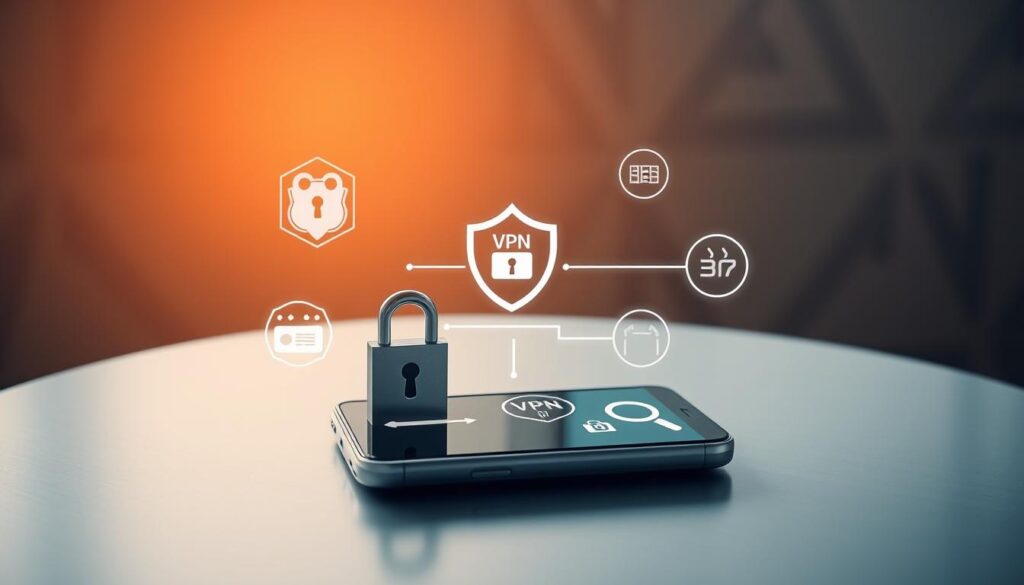 A mobile device on a sleek, metallic table, its screen displaying various security icons and data protection symbols. In the foreground, a padlock, a shield, and a magnifying glass, representing encryption, firewalls, and data monitoring. The middle ground shows a VPN connection diagram, emphasizing the secure transfer of information. The background features a subtle geometric pattern, suggestive of digital networks and data structures. Warm, directional lighting creates a sense of professionalism and attention to detail, while the overall composition conveys the importance of comprehensive mobile data protection strategies. A mobile device on a sleek, metallic table, its screen displaying various security icons and data protection symbols. In the foreground, a padlock, a shield, and a magnifying glass, representing encryption, firewalls, and data monitoring. The middle ground shows a VPN connection diagram, emphasizing the secure transfer of information. The background features a subtle geometric pattern, suggestive of digital networks and data structures. Warm, directional lighting creates a sense of professionalism and attention to detail, while the overall composition conveys the importance of comprehensive mobile data protection strategies.