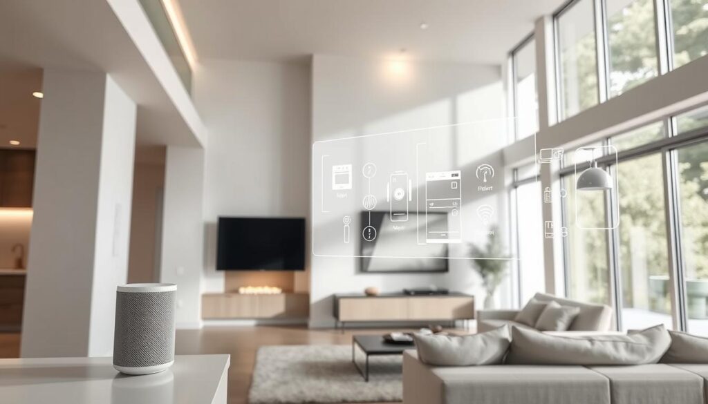 A modern, minimalist smart home interior with sleek, integrated home automation devices. The scene depicts a living room with large windows, allowing natural light to flood the space. In the foreground, a voice-controlled smart speaker blends seamlessly into the neutral-toned decor. On the walls, subtle touch panels control lighting, temperature, and security. In the middle ground, a holographic display projects a visual interface, showcasing connected appliances and their status. The background features clean lines, ambient lighting, and hints of smart home technology woven into the architectural elements. An atmosphere of simplicity, convenience, and technological sophistication permeates the scene. A modern, minimalist smart home interior with sleek, integrated home automation devices. The scene depicts a living room with large windows, allowing natural light to flood the space. In the foreground, a voice-controlled smart speaker blends seamlessly into the neutral-toned decor. On the walls, subtle touch panels control lighting, temperature, and security. In the middle ground, a holographic display projects a visual interface, showcasing connected appliances and their status. The background features clean lines, ambient lighting, and hints of smart home technology woven into the architectural elements. An atmosphere of simplicity, convenience, and technological sophistication permeates the scene.