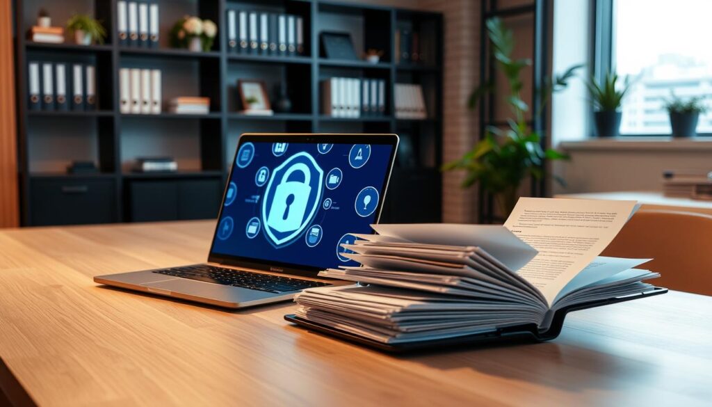 A modern office workspace with a large desk, a laptop displaying data security icons, and an open file folder showcasing various documents. The lighting is soft and warm, creating a professional yet approachable atmosphere. In the background, shelves filled with business books and a potted plant add a touch of greenery. The overall scene conveys a sense of security, organization, and attention to detail - qualities crucial for small businesses safeguarding their sensitive information. A modern office workspace with a large desk, a laptop displaying data security icons, and an open file folder showcasing various documents. The lighting is soft and warm, creating a professional yet approachable atmosphere. In the background, shelves filled with business books and a potted plant add a touch of greenery. The overall scene conveys a sense of security, organization, and attention to detail - qualities crucial for small businesses safeguarding their sensitive information.