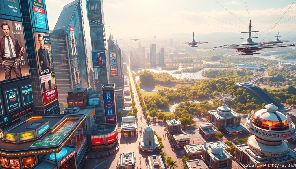 A panoramic aerial view of a futuristic metaverse cityscape, with towering skyscrapers of holographic glass and steel, their facades shimmering with virtual billboards and neon signage. In the foreground, a bustling marketplace of floating holographic kiosks, offering a diverse array of digital goods and services. The middle ground features residential districts of modular, customizable virtual dwellings, each uniquely designed by their owners. The background showcases a lush, verdant landscape of floating islands, connected by sleek, hovering transportation networks. The scene is bathed in a warm, ambient glow, with subtle rays of sunlight piercing through the holographic structures, creating a sense of depth and immersion. The overall atmosphere conveys the endless economic possibilities and transformative potential of the metaverse. A panoramic aerial view of a futuristic metaverse cityscape, with towering skyscrapers of holographic glass and steel, their facades shimmering with virtual billboards and neon signage. In the foreground, a bustling marketplace of floating holographic kiosks, offering a diverse array of digital goods and services. The middle ground features residential districts of modular, customizable virtual dwellings, each uniquely designed by their owners. The background showcases a lush, verdant landscape of floating islands, connected by sleek, hovering transportation networks. The scene is bathed in a warm, ambient glow, with subtle rays of sunlight piercing through the holographic structures, creating a sense of depth and immersion. The overall atmosphere conveys the endless economic possibilities and transformative potential of the metaverse.