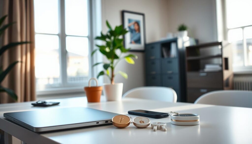 A remote worker's home office, bathed in soft, natural light streaming through a large window. In the foreground, a laptop, smartphone, and security tokens sit neatly on a minimalist desk, symbolizing the essentials of secure remote work. In the middle ground, a potted plant and a framed artwork add a touch of personalization, while filing cabinets and a bookshelf in the background convey a sense of organization and professionalism. The overall atmosphere is one of focus, productivity, and a heightened awareness of cybersecurity best practices, with attention to detail and a clean, uncluttered aesthetic. A remote worker's home office, bathed in soft, natural light streaming through a large window. In the foreground, a laptop, smartphone, and security tokens sit neatly on a minimalist desk, symbolizing the essentials of secure remote work. In the middle ground, a potted plant and a framed artwork add a touch of personalization, while filing cabinets and a bookshelf in the background convey a sense of organization and professionalism. The overall atmosphere is one of focus, productivity, and a heightened awareness of cybersecurity best practices, with attention to detail and a clean, uncluttered aesthetic.