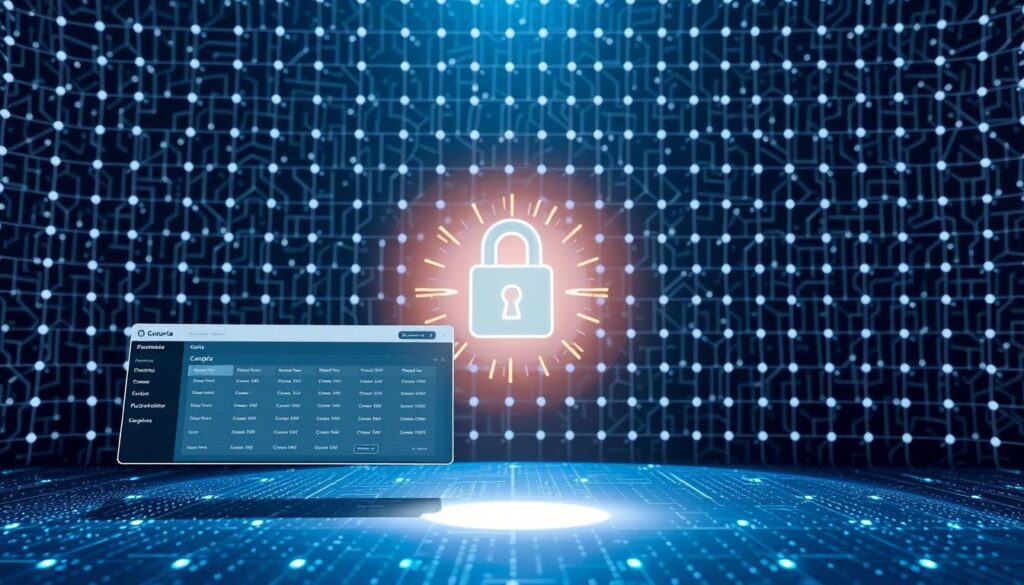 A secure password manager interface floating in a serene digital realm, bathed in a soft glow. In the foreground, a sleek, minimalist dashboard displays encrypted entries. The middle ground showcases a biometric authentication process, with a thumb scanner emitting a gentle pulse of light. In the background, a grid of interconnected nodes and circuits represents the robust encryption and data protection underlying the system. The overall mood is one of trust, simplicity, and unwavering digital security. A secure password manager interface floating in a serene digital realm, bathed in a soft glow. In the foreground, a sleek, minimalist dashboard displays encrypted entries. The middle ground showcases a biometric authentication process, with a thumb scanner emitting a gentle pulse of light. In the background, a grid of interconnected nodes and circuits represents the robust encryption and data protection underlying the system. The overall mood is one of trust, simplicity, and unwavering digital security.