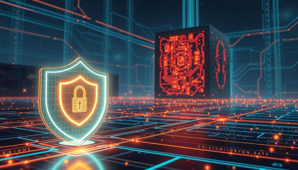 A serene digital landscape with a futuristic cybersecurity hub at the center. In the foreground, a glowing holographic shield protects sensitive data, while in the middle ground, encrypted transmission lines crisscross the scene. The background is dominated by a towering firewall, its intricate circuits pulsing with energy. The lighting is soft and ambient, creating a sense of tranquility amidst the technological complexity. The overall mood is one of safety and security, conveying the importance of robust digital privacy safeguards in the modern age. A serene digital landscape with a futuristic cybersecurity hub at the center. In the foreground, a glowing holographic shield protects sensitive data, while in the middle ground, encrypted transmission lines crisscross the scene. The background is dominated by a towering firewall, its intricate circuits pulsing with energy. The lighting is soft and ambient, creating a sense of tranquility amidst the technological complexity. The overall mood is one of safety and security, conveying the importance of robust digital privacy safeguards in the modern age.