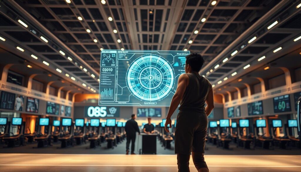 A sleek, futuristic sports facility with a vast open-plan interior. In the foreground, an athlete stands before a large holographic display, analyzing intricate visualizations of their performance data. The middle ground features rows of specialized training equipment and monitoring stations, where coaches and analysts pore over real-time analytics. The background is bathed in a warm, ambient glow, conveying a sense of technological prowess and scientific precision. The scene evokes a harmonious blend of human athleticism and the power of artificial intelligence to optimize sports training and performance prediction. A sleek, futuristic sports facility with a vast open-plan interior. In the foreground, an athlete stands before a large holographic display, analyzing intricate visualizations of their performance data. The middle ground features rows of specialized training equipment and monitoring stations, where coaches and analysts pore over real-time analytics. The background is bathed in a warm, ambient glow, conveying a sense of technological prowess and scientific precision. The scene evokes a harmonious blend of human athleticism and the power of artificial intelligence to optimize sports training and performance prediction.