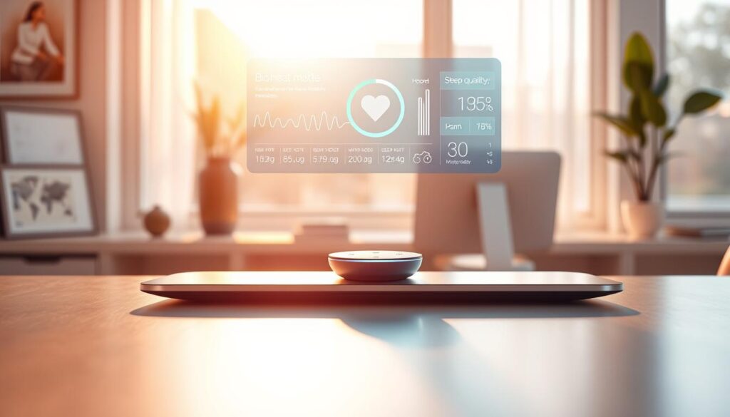 A sleek, futuristic voice assistant device with a holographic health monitoring display hovering above it. The device sits on a minimalist desk in a bright, airy home office, bathed in warm, natural lighting filtering through large windows. Subtle reflections on the polished surface suggest a high-quality, premium build. The display shows real-time biometric data, heart rate, blood oxygen levels, and sleep quality metrics, all monitored seamlessly by the advanced voice assistant. The overall scene conveys a sense of effortless, integrated health tracking in the home of 2025. A sleek, futuristic voice assistant device with a holographic health monitoring display hovering above it. The device sits on a minimalist desk in a bright, airy home office, bathed in warm, natural lighting filtering through large windows. Subtle reflections on the polished surface suggest a high-quality, premium build. The display shows real-time biometric data, heart rate, blood oxygen levels, and sleep quality metrics, all monitored seamlessly by the advanced voice assistant. The overall scene conveys a sense of effortless, integrated health tracking in the home of 2025.