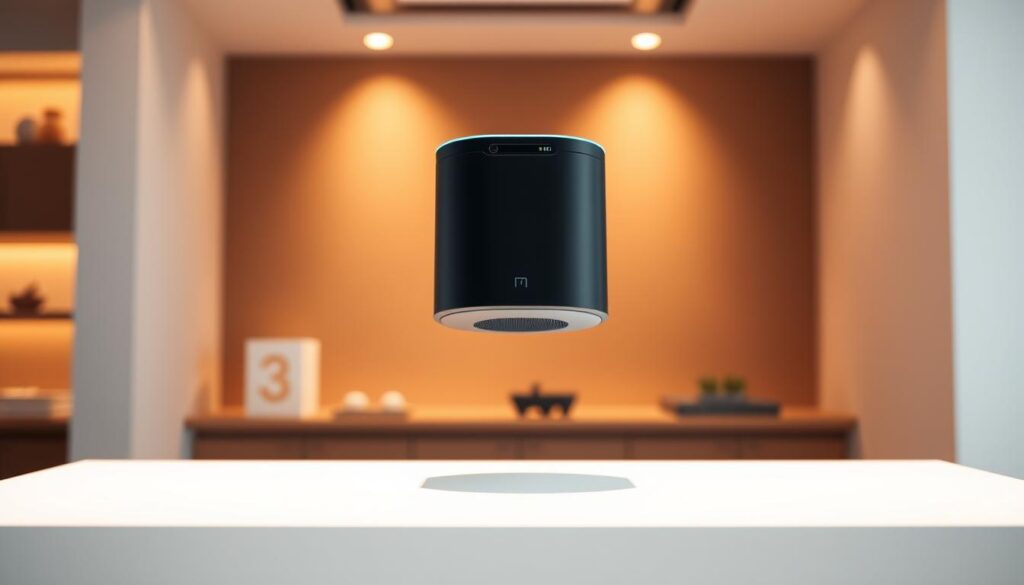 A sleek, futuristic voice commerce smart speaker levitates above a minimalist white display surface. The speaker features a clean, seamless design with a glossy black finish and subtle LED indicators. Directional microphones are discretely integrated into the top panel, while the front face houses a small, high-resolution display. Warm, indirect lighting from above casts a soft glow, creating an atmosphere of technological sophistication and convenience. The scene conveys the promise of a seamless, voice-driven shopping experience, hinting at the transformative power of voice commerce in the years to come. A sleek, futuristic voice commerce smart speaker levitates above a minimalist white display surface. The speaker features a clean, seamless design with a glossy black finish and subtle LED indicators. Directional microphones are discretely integrated into the top panel, while the front face houses a small, high-resolution display. Warm, indirect lighting from above casts a soft glow, creating an atmosphere of technological sophistication and convenience. The scene conveys the promise of a seamless, voice-driven shopping experience, hinting at the transformative power of voice commerce in the years to come.