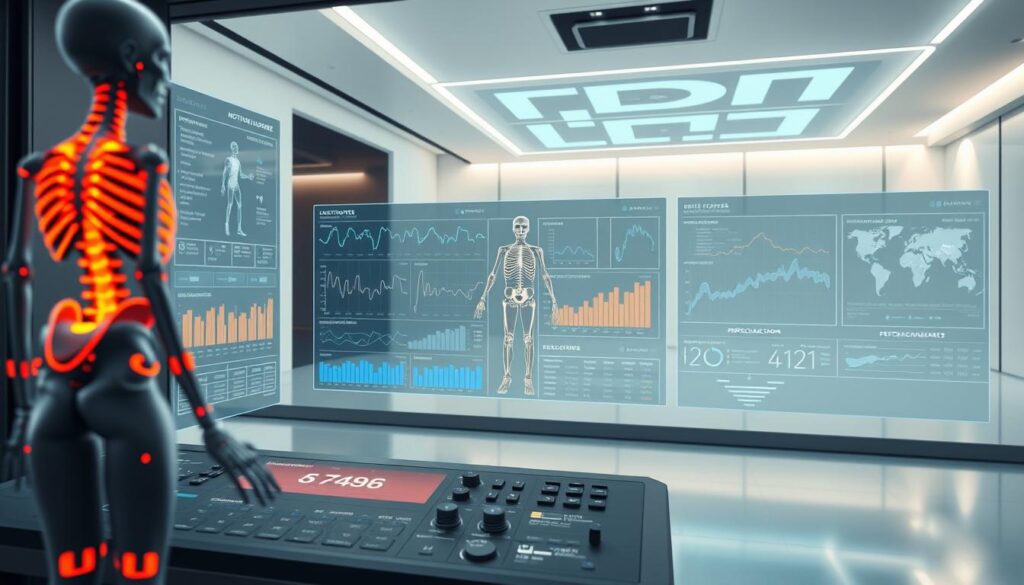 A sleek, modern 3D motion capture software interface, displaying real-time skeletal animation and biomechanical data visualizations. The foreground features a detailed, high-resolution human figure model, with color-coded joints and limbs, surrounded by a minimalist control panel with intuitive inputs. The middle ground showcases an array of analytical charts, graphs, and performance metrics, while the background depicts a clean, futuristic environment with subtle holographic projections and ambient lighting. The overall aesthetic conveys a sense of technological sophistication and scientific precision, suitable for advanced sports biomechanics and athletic training applications. A sleek, modern 3D motion capture software interface, displaying real-time skeletal animation and biomechanical data visualizations. The foreground features a detailed, high-resolution human figure model, with color-coded joints and limbs, surrounded by a minimalist control panel with intuitive inputs. The middle ground showcases an array of analytical charts, graphs, and performance metrics, while the background depicts a clean, futuristic environment with subtle holographic projections and ambient lighting. The overall aesthetic conveys a sense of technological sophistication and scientific precision, suitable for advanced sports biomechanics and athletic training applications.