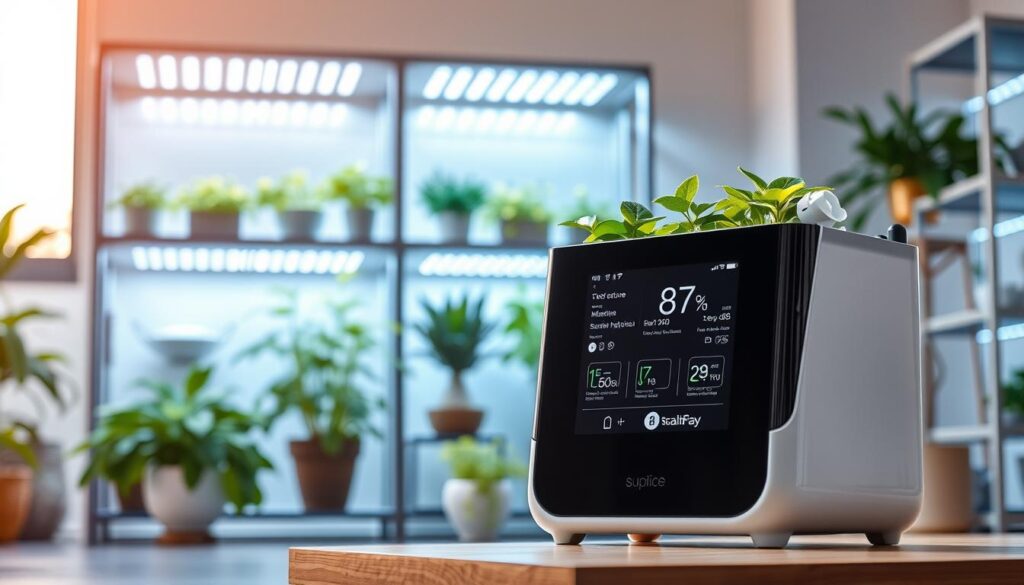 A sleek, modern IoT gardening solution in a beautifully lit indoor setting. In the foreground, a state-of-the-art smart planter with integrated sensors and an intuitive digital display showcases real-time data on soil moisture, nutrient levels, and plant health. Behind it, a mid-ground of lush, thriving houseplants and a backdrop of minimalist, high-tech shelving units adorned with energy-efficient grow lights. The overall scene conveys a harmonious blend of nature and cutting-edge technology, reflecting the latest advancements in connected gardening for the modern, tech-savvy homeowner. A sleek, modern IoT gardening solution in a beautifully lit indoor setting. In the foreground, a state-of-the-art smart planter with integrated sensors and an intuitive digital display showcases real-time data on soil moisture, nutrient levels, and plant health. Behind it, a mid-ground of lush, thriving houseplants and a backdrop of minimalist, high-tech shelving units adorned with energy-efficient grow lights. The overall scene conveys a harmonious blend of nature and cutting-edge technology, reflecting the latest advancements in connected gardening for the modern, tech-savvy homeowner.