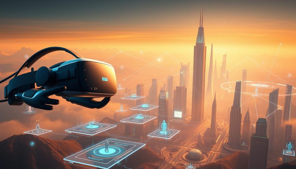 A sprawling metaverse landscape, where virtual reality innovations converge. In the foreground, a sleek VR headset and hand controllers float, radiating an aura of technological prowess. The middle ground features holographic displays, digital avatars, and data streams, showcasing the seamless integration of the physical and digital realms. In the background, a towering virtual cityscape emerges, its gleaming skyscrapers and futuristic architecture hinting at the limitless potential of metaverse adoption. Warm, diffused lighting casts a futuristic glow, while a subtle sense of depth and perspective draws the viewer into this immersive digital world. Illustration of rise of metaverses : A sprawling metaverse landscape, where virtual reality innovations converge. In the foreground, a sleek VR headset and hand controllers float, radiating an aura of technological prowess. The middle ground features holographic displays, digital avatars, and data streams, showcasing the seamless integration of the physical and digital realms. In the background, a towering virtual cityscape emerges, its gleaming skyscrapers and futuristic architecture hinting at the limitless potential of metaverse adoption. Warm, diffused lighting casts a futuristic glow, while a subtle sense of depth and perspective draws the viewer into this immersive digital world.