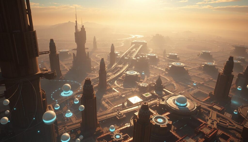 A vast, expansive virtual landscape stretches out before the viewer, filled with towering structures and intricate networks of interconnected pathways. In the foreground, glowing orbs and holographic projections dance and pulse, hinting at the advanced technology powering this digital realm. The middle ground is dominated by futuristic skyscrapers and floating platforms, their angular forms casting long shadows across the scene. In the distance, the horizon is dotted with distant mountains and cascading waterfalls, their ethereal beauty a testament to the boundless creativity of this virtual world. Shafts of warm, golden light pierce through the atmosphere, creating a sense of wonder and exploration. The overall mood is one of progress, innovation, and the endless possibilities of a digital frontier. A vast, expansive virtual landscape stretches out before the viewer, filled with towering structures and intricate networks of interconnected pathways. In the foreground, glowing orbs and holographic projections dance and pulse, hinting at the advanced technology powering this digital realm. The middle ground is dominated by futuristic skyscrapers and floating platforms, their angular forms casting long shadows across the scene. In the distance, the horizon is dotted with distant mountains and cascading waterfalls, their ethereal beauty a testament to the boundless creativity of this virtual world. Shafts of warm, golden light pierce through the atmosphere, creating a sense of wonder and exploration. The overall mood is one of progress, innovation, and the endless possibilities of a digital frontier.