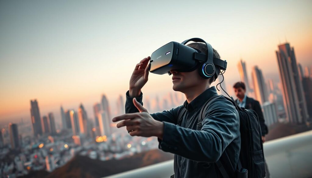A vast, futuristic landscape showcases the diverse applications of VR gaming technology. In the foreground, a professional VR headset user navigates a lifelike virtual environment, their movements precisely tracked by intricate motion sensors. In the middle ground, a team of engineers collaborates on the development of a next-gen VR platform, its sleek, modular design hinting at the endless possibilities. The background is a cityscape of gleaming skyscrapers, where the latest VR advancements are being integrated into urban infrastructure, enabling seamless immersive experiences for work, entertainment, and beyond. Warm, diffused lighting creates a sense of wonder and innovation, hinting at the transformative power of VR gaming technology. A vast, futuristic landscape showcases the diverse applications of VR gaming technology. In the foreground, a professional VR headset user navigates a lifelike virtual environment, their movements precisely tracked by intricate motion sensors. In the middle ground, a team of engineers collaborates on the development of a next-gen VR platform, its sleek, modular design hinting at the endless possibilities. The background is a cityscape of gleaming skyscrapers, where the latest VR advancements are being integrated into urban infrastructure, enabling seamless immersive experiences for work, entertainment, and beyond. Warm, diffused lighting creates a sense of wonder and innovation, hinting at the transformative power of VR gaming technology.