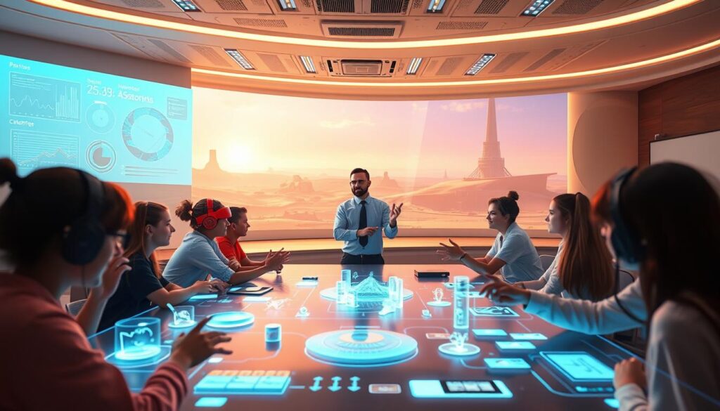 A vast, futuristic virtual classroom, illuminated by a warm, soft glow. Holographic displays and interactive interfaces float effortlessly, as students engage in collaborative learning. In the foreground, a group of students manipulate 3D models and data visualizations with their hands, immersed in the virtual environment. The middle ground showcases a teacher guiding the class, their avatar gesturing dynamically as they explain complex concepts. In the background, the virtual world extends infinitely, with abstract landscapes and surreal architectural structures, hinting at the limitless possibilities of education in the metaverse. A vast, futuristic virtual classroom, illuminated by a warm, soft glow. Holographic displays and interactive interfaces float effortlessly, as students engage in collaborative learning. In the foreground, a group of students manipulate 3D models and data visualizations with their hands, immersed in the virtual environment. The middle ground showcases a teacher guiding the class, their avatar gesturing dynamically as they explain complex concepts. In the background, the virtual world extends infinitely, with abstract landscapes and surreal architectural structures, hinting at the limitless possibilities of education in the metaverse.