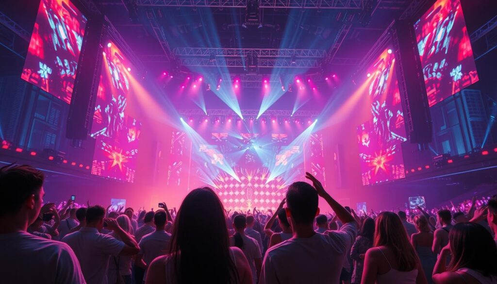 A vast virtual concert stage, illuminated by vibrant lighting effects and holographic projections that create an immersive, captivating atmosphere. Concertgoers, their avatars seamlessly integrated into the digital world, sway and dance to the pulsing rhythms, their faces alight with wonder and joy. In the background, skyscrapers and futuristic architecture hint at the advanced technological landscape that enables this transformative entertainment experience. The scene exudes a sense of wonder, anticipation, and the boundless possibilities of the metaverse. A vast virtual concert stage, illuminated by vibrant lighting effects and holographic projections that create an immersive, captivating atmosphere. Concertgoers, their avatars seamlessly integrated into the digital world, sway and dance to the pulsing rhythms, their faces alight with wonder and joy. In the background, skyscrapers and futuristic architecture hint at the advanced technological landscape that enables this transformative entertainment experience. The scene exudes a sense of wonder, anticipation, and the boundless possibilities of the metaverse.