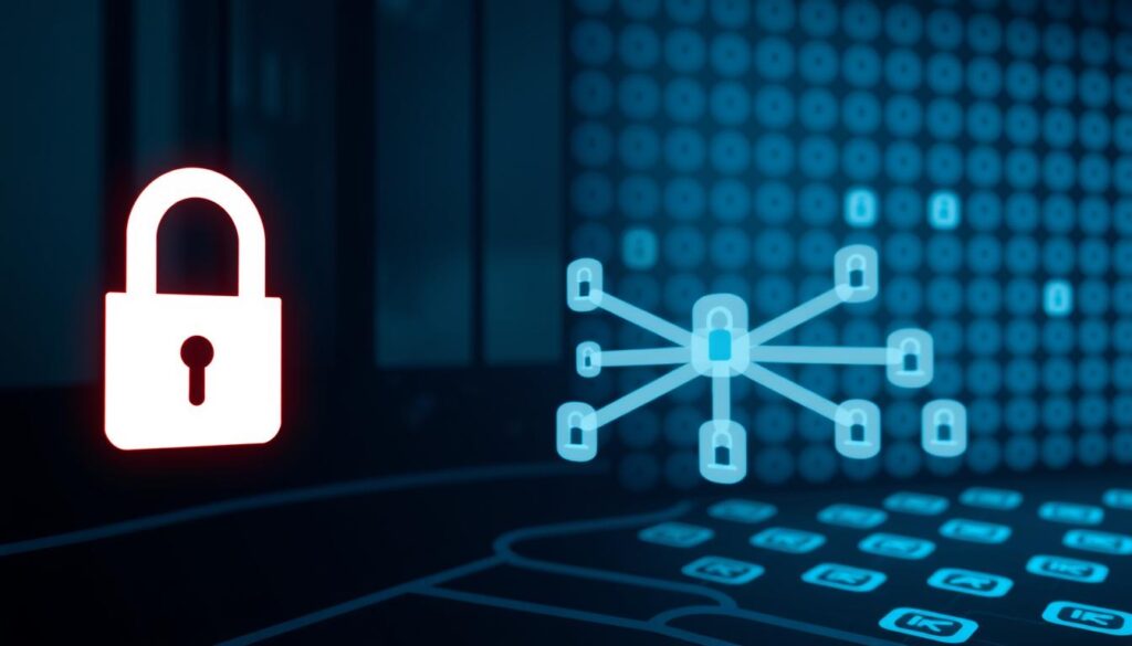 A virtual private network (VPN) with secure features, depicted in a minimalist, technical style. In the foreground, a locked padlock icon symbolizes encrypted data transmission. In the middle ground, a network diagram shows secure tunneling between devices, with data packets represented as abstract geometric shapes. In the background, a grid of server icons conveys the distributed infrastructure of the VPN. The scene is illuminated by a cool, blue-tinted lighting, creating a sense of digital security and privacy. A virtual private network (VPN) with secure features, depicted in a minimalist, technical style. In the foreground, a locked padlock icon symbolizes encrypted data transmission. In the middle ground, a network diagram shows secure tunneling between devices, with data packets represented as abstract geometric shapes. In the background, a grid of server icons conveys the distributed infrastructure of the VPN. The scene is illuminated by a cool, blue-tinted lighting, creating a sense of digital security and privacy.