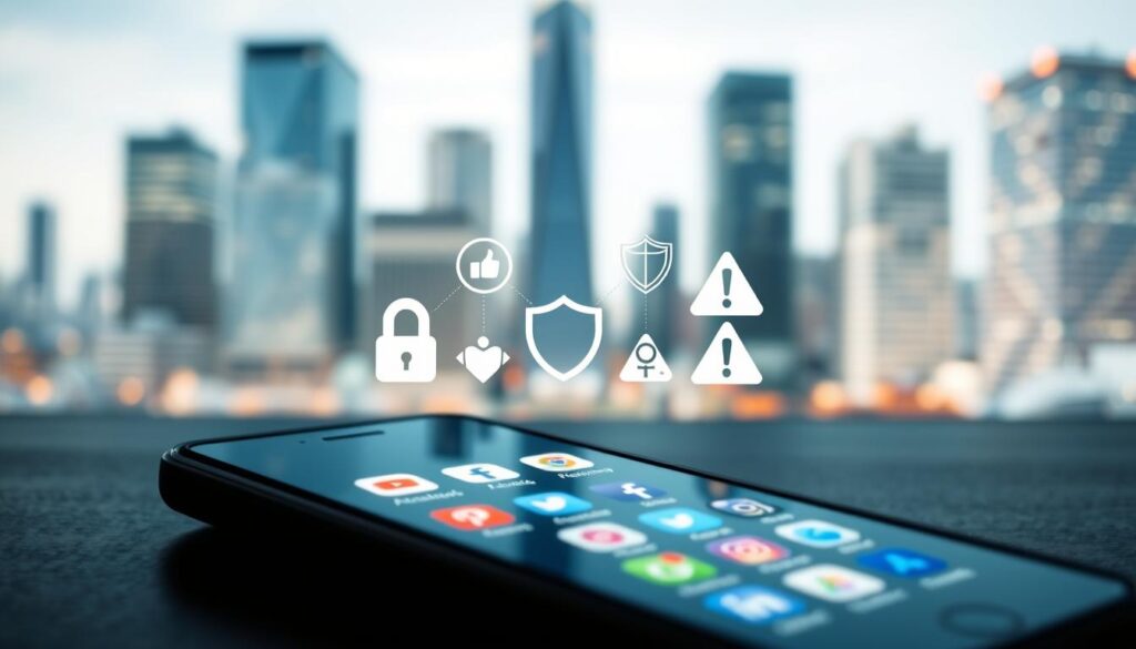 A well-lit, high-resolution image of online safety tips for social media users. In the foreground, a mobile device with various social media app icons, representing the core focus on digital security. In the middle ground, several icons or symbols depicting key safety practices, such as a padlock for privacy, a shield for protection, and a warning sign for vigilance. The background features a blurred, clean and modern cityscape, symbolizing the interconnected digital world we live in. The overall tone is one of informative clarity, with a balanced composition and a color palette that is visually appealing and easy on the eyes. A well-lit, high-resolution image of online safety tips for social media users. In the foreground, a mobile device with various social media app icons, representing the core focus on digital security. In the middle ground, several icons or symbols depicting key safety practices, such as a padlock for privacy, a shield for protection, and a warning sign for vigilance. The background features a blurred, clean and modern cityscape, symbolizing the interconnected digital world we live in. The overall tone is one of informative clarity, with a balanced composition and a color palette that is visually appealing and easy on the eyes.