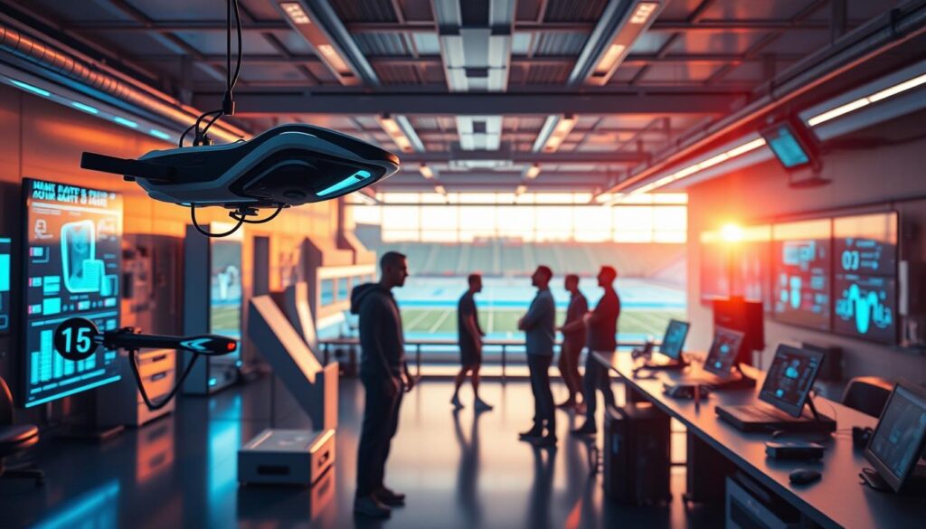 An advanced sports technology lab, bathed in a warm, futuristic glow. In the foreground, sleek, high-tech sports equipment and wearables hover, showcasing the latest innovations in performance monitoring, training optimization, and athlete recovery. In the middle ground, a team of engineers and athletes collaborate, studying data visualizations and holographic simulations. The background reveals a panoramic view of a state-of-the-art sports facility, where cutting-edge technology is seamlessly integrated into the architecture. The overall atmosphere exudes a sense of excitement and possibility, capturing the essence of the best sports high-tech innovations of 2023. An advanced sports technology lab, bathed in a warm, futuristic glow. In the foreground, sleek, high-tech sports equipment and wearables hover, showcasing the latest innovations in performance monitoring, training optimization, and athlete recovery. In the middle ground, a team of engineers and athletes collaborate, studying data visualizations and holographic simulations. The background reveals a panoramic view of a state-of-the-art sports facility, where cutting-edge technology is seamlessly integrated into the architecture. The overall atmosphere exudes a sense of excitement and possibility, capturing the essence of the best sports high-tech innovations of 2023.