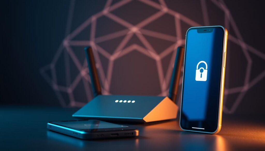 An elegant, minimalist composition depicting end-to-end encryption privacy tools. In the foreground, a modern smartphone with a secure messaging app interface, its screen glowing with a padlock symbol, signifying robust encryption. In the middle ground, a sleek, angular VPN router against a darkened backdrop, its LED indicators pulsing discreetly. In the background, an abstract pattern of interlocking geometric shapes, representing the complex layers of digital privacy. The scene is lit by a soft, warm light, creating a sense of safety and control over one's digital footprint. The overall mood is one of confidence and empowerment in the face of online threats. An elegant, minimalist composition depicting end-to-end encryption privacy tools. In the foreground, a modern smartphone with a secure messaging app interface, its screen glowing with a padlock symbol, signifying robust encryption. In the middle ground, a sleek, angular VPN router against a darkened backdrop, its LED indicators pulsing discreetly. In the background, an abstract pattern of interlocking geometric shapes, representing the complex layers of digital privacy. The scene is lit by a soft, warm light, creating a sense of safety and control over one's digital footprint. The overall mood is one of confidence and empowerment in the face of online threats.