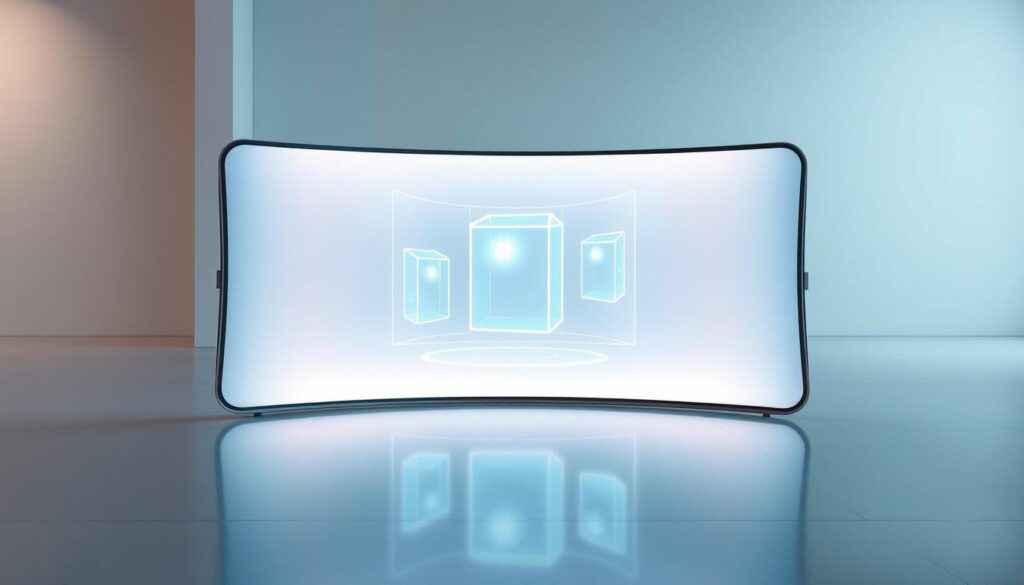 Cutting-edge flexible display technology, with a sleek, futuristic aesthetic. In the foreground, a seamless, curved OLED screen that can bend and flex, showcasing its remarkable durability. Nested within a minimalist, metallic frame, the display emits a soft, ambient glow, hinting at its advanced capabilities. In the middle ground, holographic projections flicker to life, demonstrating the screen's ability to generate immersive, 3D visuals. The background features a clean, industrial setting, with smooth, reflective surfaces that amplify the screen's cutting-edge appeal. Subtle lighting casts dramatic shadows, emphasizing the display's sculptural form and technological prowess. flexible and holographic screens: Cutting-edge flexible display technology, with a sleek, futuristic aesthetic. In the foreground, a seamless, curved OLED screen that can bend and flex, showcasing its remarkable durability. Nested within a minimalist, metallic frame, the display emits a soft, ambient glow, hinting at its advanced capabilities. In the middle ground, holographic projections flicker to life, demonstrating the screen's ability to generate immersive, 3D visuals. The background features a clean, industrial setting, with smooth, reflective surfaces that amplify the screen's cutting-edge appeal. Subtle lighting casts dramatic shadows, emphasizing the display's sculptural form and technological prowess.