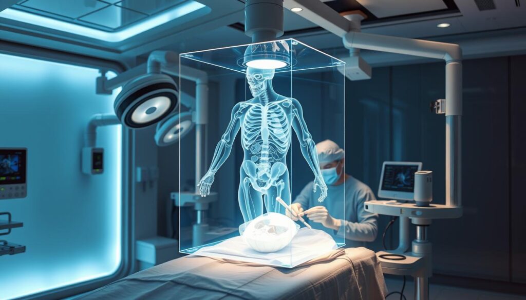 Holographic medical imaging system, hovering over an operating table in a futuristic, well-lit surgical suite. Transparent, 3D anatomical models projected in mid-air, rotating and morphing to display intricate details. Surgeons examine the holographic visualization, guiding their tools with precision. Soft, blue-white lighting casts a serene glow, while advanced sensors and cameras capture real-time data. The hologram reflects the patient's internal structure, enabling minimally invasive procedures and enhanced surgical outcomes. Sleek, chrome-accented devices seamlessly integrate the holographic technology, creating an immersive, high-tech medical environment. Holographic medical imaging system, hovering over an operating table in a futuristic, well-lit surgical suite. Transparent, 3D anatomical models projected in mid-air, rotating and morphing to display intricate details. Surgeons examine the holographic visualization, guiding their tools with precision. Soft, blue-white lighting casts a serene glow, while advanced sensors and cameras capture real-time data. The hologram reflects the patient's internal structure, enabling minimally invasive procedures and enhanced surgical outcomes. Sleek, chrome-accented devices seamlessly integrate the holographic technology, creating an immersive, high-tech medical environment.
