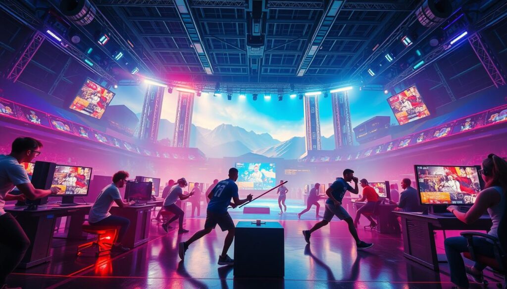 Prompt A dynamic virtual sports arena, bathed in vibrant hues. In the foreground, professional athletes and skilled gamers compete head-to-head, their movements seamlessly blending as they engage in thrilling, high-intensity matches. The middle ground features state-of-the-art gaming rigs and cutting-edge sports equipment, symbolizing the convergence of traditional and electronic sports. The background showcases a futuristic landscape, with towering holographic displays and a pulsing energy that captivates the senses. Crisp, cinematic lighting accentuates the tension and excitement of the scene, creating a captivating visual representation of the intersection between physical and virtual competition. Prompt A dynamic virtual sports arena, bathed in vibrant hues. In the foreground, professional athletes and skilled gamers compete head-to-head, their movements seamlessly blending as they engage in thrilling, high-intensity matches. The middle ground features state-of-the-art gaming rigs and cutting-edge sports equipment, symbolizing the convergence of traditional and electronic sports. The background showcases a futuristic landscape, with towering holographic displays and a pulsing energy that captivates the senses. Crisp, cinematic lighting accentuates the tension and excitement of the scene, creating a captivating visual representation of the intersection between physical and virtual competition.
