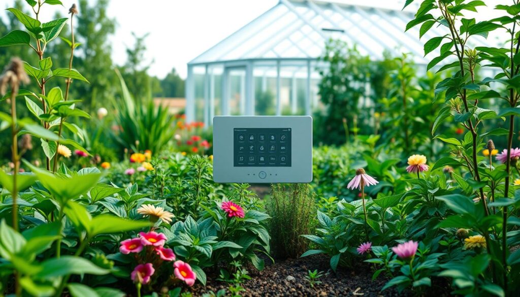 a lush, verdant garden landscape with a modern, seamless integration of smart home technology. in the foreground, a variety of thriving plants, flowers, and herbs are connected to a smart irrigation system, their growth monitored by IoT sensors. in the middle ground, a sleek, minimalist smart home control panel blends harmoniously with the natural surroundings, allowing the homeowner to manage their connected garden from a central hub. in the background, the garden is framed by a contemporary, energy-efficient smart greenhouse, its climate and lighting automatically adjusted to optimize plant growth. the overall scene conveys a harmonious fusion of nature and technology, creating a serene, sustainable, and highly integrated connected garden experience. a lush, verdant garden landscape with a modern, seamless integration of smart home technology. in the foreground, a variety of thriving plants, flowers, and herbs are connected to a smart irrigation system, their growth monitored by IoT sensors. in the middle ground, a sleek, minimalist smart home control panel blends harmoniously with the natural surroundings, allowing the homeowner to manage their connected garden from a central hub. in the background, the garden is framed by a contemporary, energy-efficient smart greenhouse, its climate and lighting automatically adjusted to optimize plant growth. the overall scene conveys a harmonious fusion of nature and technology, creating a serene, sustainable, and highly integrated connected garden experience.