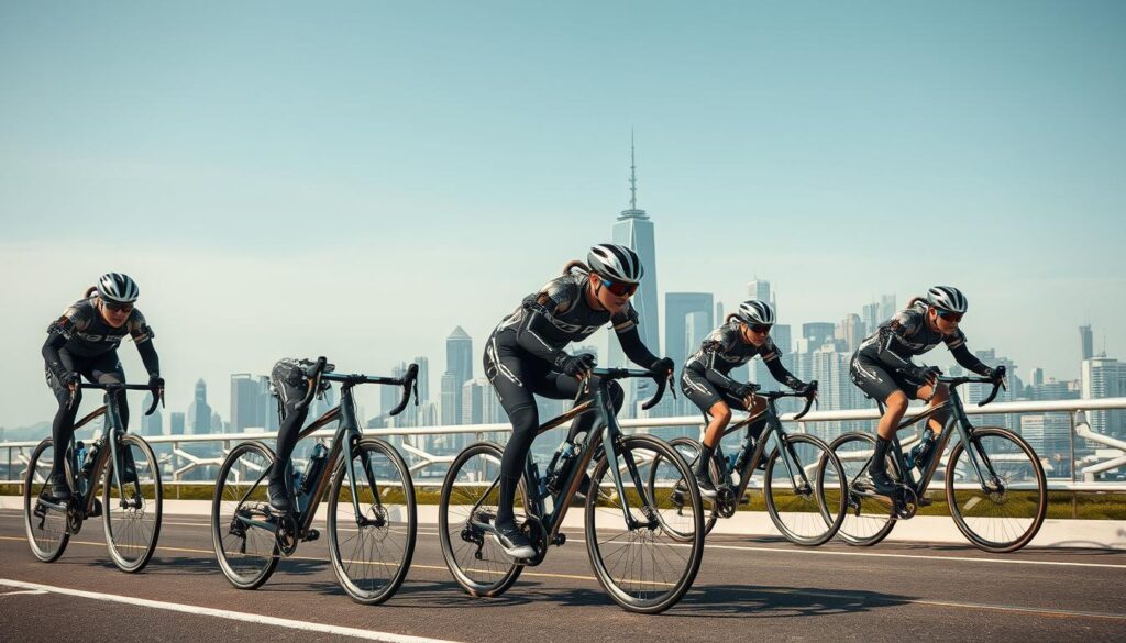 A breathtaking scene of cycling exoskeletons in a futuristic urban landscape. In the foreground, sleek metal frames wrap around the cyclists, augmenting their movements with seamless robotic precision. The exoskeletons are a symphony of gleaming lines and advanced hydraulics, propelling the riders forward with effortless power. In the middle ground, the city skyline rises, a tapestry of glass and steel, hinting at a world where this technology has become integrated into daily life. The lighting is sharp and dynamic, casting dramatic shadows that accentuate the angular, high-tech forms. The atmosphere is one of innovation, progress, and a glimpse into a not-so-distant future where human and machine work in perfect harmony, transforming the way we move through the world. A breathtaking scene of cycling exoskeletons in a futuristic urban landscape. In the foreground, sleek metal frames wrap around the cyclists, augmenting their movements with seamless robotic precision. The exoskeletons are a symphony of gleaming lines and advanced hydraulics, propelling the riders forward with effortless power. In the middle ground, the city skyline rises, a tapestry of glass and steel, hinting at a world where this technology has become integrated into daily life. The lighting is sharp and dynamic, casting dramatic shadows that accentuate the angular, high-tech forms. The atmosphere is one of innovation, progress, and a glimpse into a not-so-distant future where human and machine work in perfect harmony, transforming the way we move through the world.