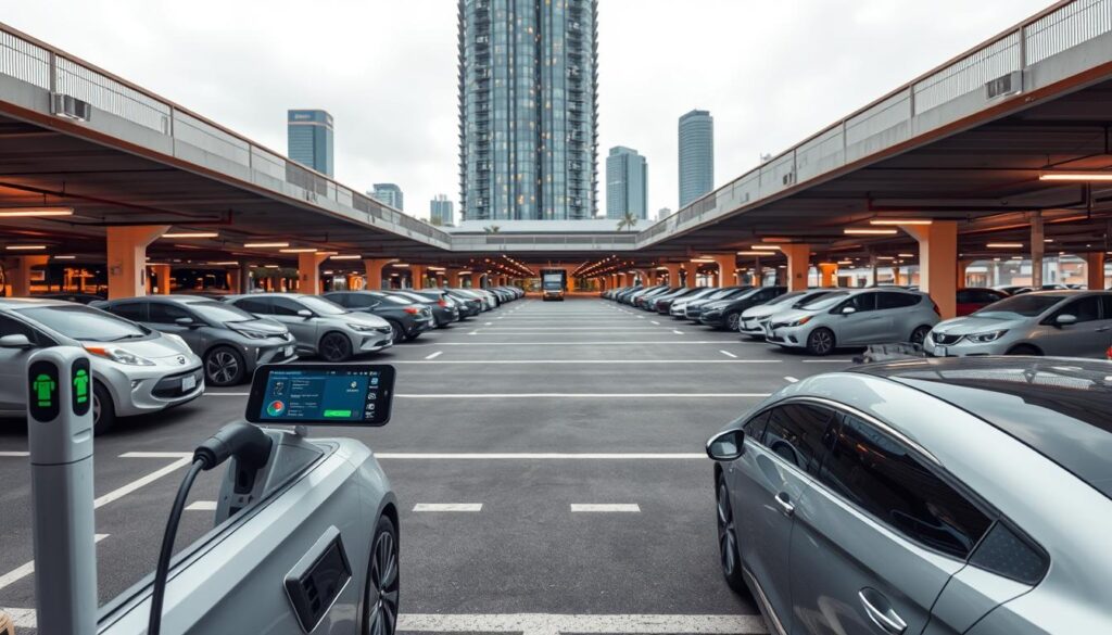 A bustling IoT-powered parking lot, with sleek sensors and smart meters lining the spaces. In the foreground, a modern electric vehicle charges silently, its dashboard displaying real-time parking availability data. The middle ground showcases a network of interconnected parking guidance systems, directing drivers to open spots through digital signage and mobile apps. In the background, a towering smart building adorns the skyline, its integrated smart parking infrastructure seamlessly managing the flow of vehicles. Warm, diffused lighting illuminates the scene, creating a sense of efficiency and technological sophistication. Captured with a wide-angle lens to emphasize the scale and interconnectedness of the IoT parking solution. A bustling IoT-powered parking lot, with sleek sensors and smart meters lining the spaces. In the foreground, a modern electric vehicle charges silently, its dashboard displaying real-time parking availability data. The middle ground showcases a network of interconnected parking guidance systems, directing drivers to open spots through digital signage and mobile apps. In the background, a towering smart building adorns the skyline, its integrated smart parking infrastructure seamlessly managing the flow of vehicles. Warm, diffused lighting illuminates the scene, creating a sense of efficiency and technological sophistication. Captured with a wide-angle lens to emphasize the scale and interconnectedness of the IoT parking solution.