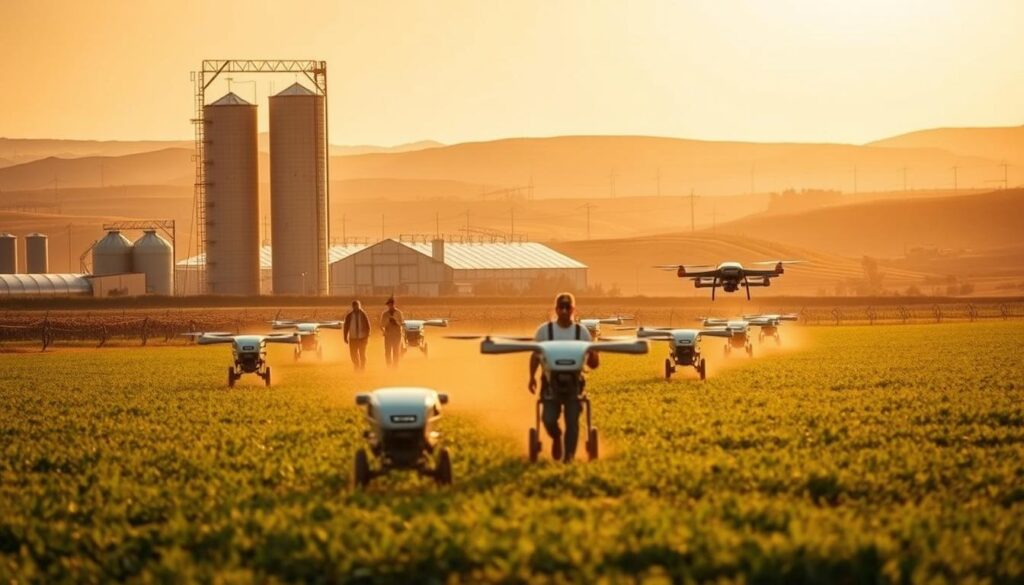 A bustling agricultural landscape illuminated by warm, golden sunlight. In the foreground, a team of farmers navigate a field, expertly operating a fleet of futuristic agricultural robots and drones, their movements precisely coordinated. In the middle ground, towering silos and state-of-the-art greenhouses stand as beacons of technological progress, while in the distance, rolling hills dotted with precision-engineered irrigation systems paint a picture of the challenges and opportunities inherent in the farming revolution. The scene exudes a sense of both innovation and the enduring resilience of the land, capturing the essence of the ongoing transformation of agriculture. A bustling agricultural landscape illuminated by warm, golden sunlight. In the foreground, a team of farmers navigate a field, expertly operating a fleet of futuristic agricultural robots and drones, their movements precisely coordinated. In the middle ground, towering silos and state-of-the-art greenhouses stand as beacons of technological progress, while in the distance, rolling hills dotted with precision-engineered irrigation systems paint a picture of the challenges and opportunities inherent in the farming revolution. The scene exudes a sense of both innovation and the enduring resilience of the land, capturing the essence of the ongoing transformation of agriculture.