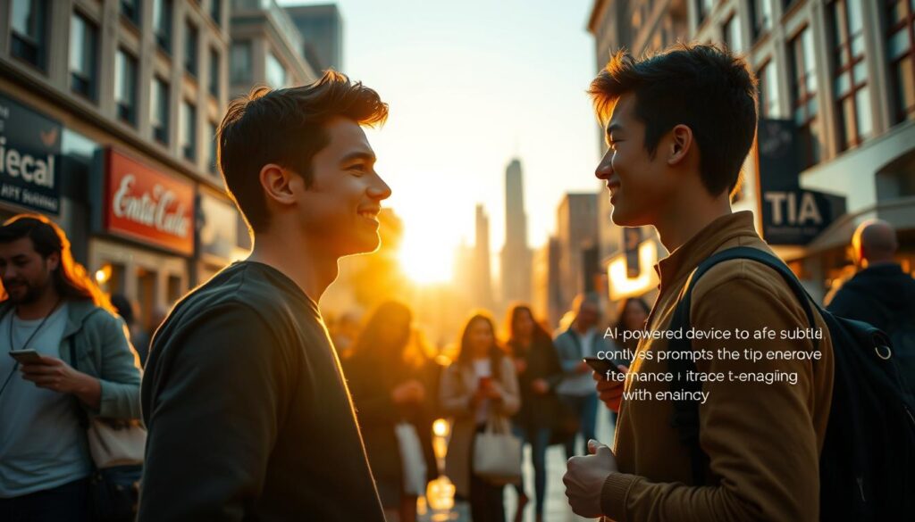 A bustling city street at golden hour, illuminated by warm, diffused sunlight. In the foreground, a young couple catches each other's gaze, their body language and facial expressions suggesting a flirtatious interaction. An AI-powered device, seamlessly integrated into the scene, discreetly analyzes their cues and offers subtle, contextual prompts to enhance the encounter, guiding them towards a more positive and engaging connection. The middle ground features passersby, some absorbed in their own devices, others engaged in lively conversations. In the background, the city skyline, with a hint of futuristic architecture, symbolizes the evolution of human interaction in the age of AI-assisted relationships. A bustling city street at golden hour, illuminated by warm, diffused sunlight. In the foreground, a young couple catches each other's gaze, their body language and facial expressions suggesting a flirtatious interaction. An AI-powered device, seamlessly integrated into the scene, discreetly analyzes their cues and offers subtle, contextual prompts to enhance the encounter, guiding them towards a more positive and engaging connection. The middle ground features passersby, some absorbed in their own devices, others engaged in lively conversations. In the background, the city skyline, with a hint of futuristic architecture, symbolizes the evolution of human interaction in the age of AI-assisted relationships.
