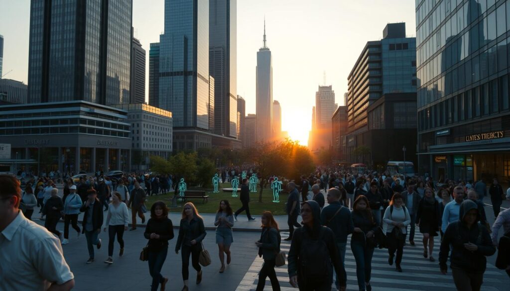 A bustling cityscape at dusk, the sun casting a warm glow over towering skyscrapers. In the foreground, a group of neural network-driven NPCs navigating the crowded streets, their movements fluid and lifelike. Pedestrians weave between them, occasionally glancing with curiosity at the advanced AI-powered characters. The NPCs showcase a range of behaviors, from engaged conversations to seamless navigation, all driven by intricate neural networks that mimic human decision-making. In the middle ground, a small park with benches and trees, where additional NPCs interact with each other and the environment, their responses naturalistic and contextually appropriate. The background is a blend of modern architecture and subtly glowing holograms, hinting at the technological advancements that enable this level of NPC realism. The overall scene conveys a sense of progress and innovation in the field of neural network-driven NPC behavior. A bustling cityscape at dusk, the sun casting a warm glow over towering skyscrapers. In the foreground, a group of neural network-driven NPCs navigating the crowded streets, their movements fluid and lifelike. Pedestrians weave between them, occasionally glancing with curiosity at the advanced AI-powered characters. The NPCs showcase a range of behaviors, from engaged conversations to seamless navigation, all driven by intricate neural networks that mimic human decision-making. In the middle ground, a small park with benches and trees, where additional NPCs interact with each other and the environment, their responses naturalistic and contextually appropriate. The background is a blend of modern architecture and subtly glowing holograms, hinting at the technological advancements that enable this level of NPC realism. The overall scene conveys a sense of progress and innovation in the field of neural network-driven NPC behavior.