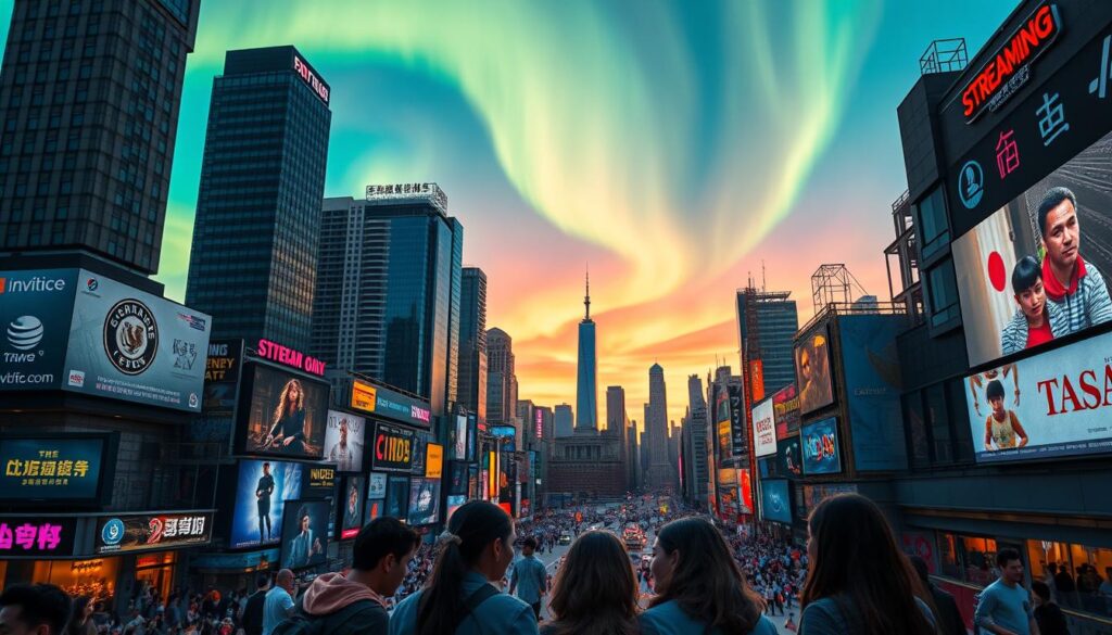 A bustling cityscape at dusk, with towering skyscrapers and neon-lit billboards advertising a diverse array of global streaming services. In the foreground, a group of people of various ethnicities gather around a shared device, exploring content from different regions. The middle ground features a wide range of cultural symbols and architectural styles, reflecting the international nature of the streaming landscape. In the background, a vibrant, colorful aurora borealis illuminates the sky, symbolizing the global interconnectivity and the boundless possibilities of the streaming era. The scene is captured with a cinematic wide-angle lens, creating a sense of depth and grandeur, with warm, diffused lighting that evokes a sense of wonder and technological advancement. A bustling cityscape at dusk, with towering skyscrapers and neon-lit billboards advertising a diverse array of global streaming services. In the foreground, a group of people of various ethnicities gather around a shared device, exploring content from different regions. The middle ground features a wide range of cultural symbols and architectural styles, reflecting the international nature of the streaming landscape. In the background, a vibrant, colorful aurora borealis illuminates the sky, symbolizing the global interconnectivity and the boundless possibilities of the streaming era. The scene is captured with a cinematic wide-angle lens, creating a sense of depth and grandeur, with warm, diffused lighting that evokes a sense of wonder and technological advancement.