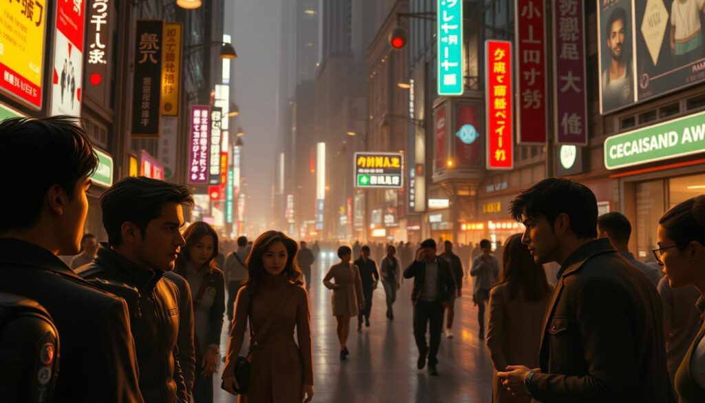 A bustling cityscape, illuminated by the warm glow of streetlights and neon signs. In the foreground, a group of computer-generated characters engage in dynamic conversation, their facial expressions and body language driven by a neural network. The characters' movements are fluid and natural, reflecting the nuanced social interactions of a living, breathing world. In the middle ground, other NPCs navigate the urban environment, their behaviors subtly influenced by the same intelligent system. The background is filled with the architectural details of a futuristic metropolis, hinting at the technological advancements that enable this level of lifelike character simulation. The scene is captured with a cinematic wide-angle lens, emphasizing the scale and depth of the neural network-powered interactions. A bustling cityscape, illuminated by the warm glow of streetlights and neon signs. In the foreground, a group of computer-generated characters engage in dynamic conversation, their facial expressions and body language driven by a neural network. The characters' movements are fluid and natural, reflecting the nuanced social interactions of a living, breathing world. In the middle ground, other NPCs navigate the urban environment, their behaviors subtly influenced by the same intelligent system. The background is filled with the architectural details of a futuristic metropolis, hinting at the technological advancements that enable this level of lifelike character simulation. The scene is captured with a cinematic wide-angle lens, emphasizing the scale and depth of the neural network-powered interactions.