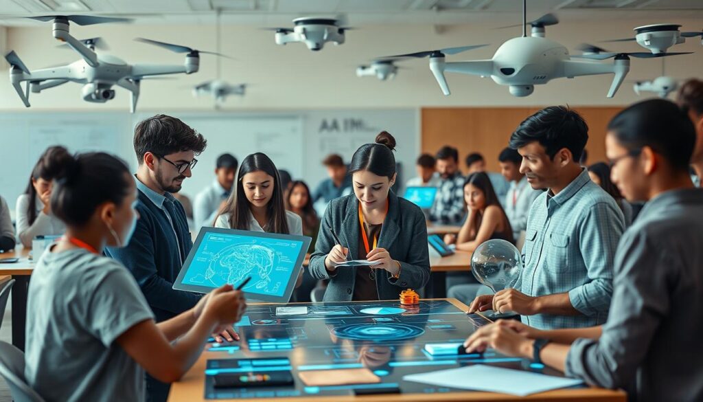 A bustling classroom setting with a diverse group of students and educators engaged with a variety of cutting-edge AI tools. In the foreground, students collaboratively annotate interactive holographic displays, while in the middle ground, teachers guide them through personalized lesson plans powered by intelligent tutoring systems. The background features an array of robotic lab assistants and autonomous research drones, showcasing the integration of AI across the educational landscape. Soft, diffused lighting creates a warm, inviting atmosphere, and the composition emphasizes the seamless harmony between human and machine in the future of learning and discovery. A bustling classroom setting with a diverse group of students and educators engaged with a variety of cutting-edge AI tools. In the foreground, students collaboratively annotate interactive holographic displays, while in the middle ground, teachers guide them through personalized lesson plans powered by intelligent tutoring systems. The background features an array of robotic lab assistants and autonomous research drones, showcasing the integration of AI across the educational landscape. Soft, diffused lighting creates a warm, inviting atmosphere, and the composition emphasizes the seamless harmony between human and machine in the future of learning and discovery.