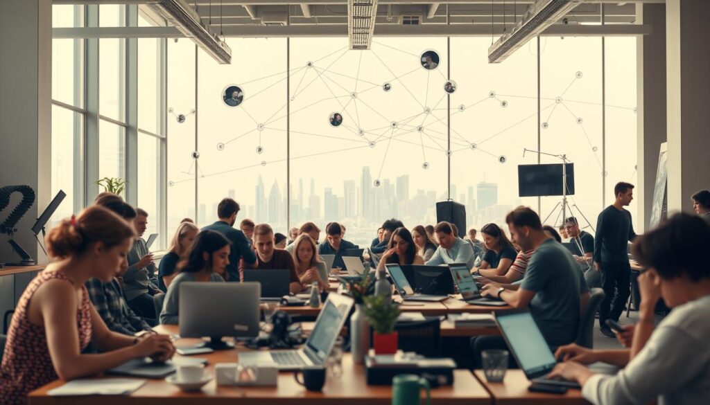 A bustling freelance economy, the creative class at work. In the foreground, a diverse group of freelancers, laptop-wielding digital nomads, artists, and developers, collaborating in a coworking space with an abundance of natural light. In the middle ground, a web of interconnected projects, gig work, and virtual teams, all powered by modern cloud-based tools. In the background, a skyline of towering tech hubs, a symbol of the decentralized, on-demand nature of this new era of work. Soft, diffused lighting casts a warm, contemplative tone, emphasizing the flexibility and autonomy of the freelance lifestyle. All captured through a wide-angle lens, conveying the expansive, boundary-pushing spirit of the creator economy. A bustling freelance economy, the creative class at work. In the foreground, a diverse group of freelancers, laptop-wielding digital nomads, artists, and developers, collaborating in a coworking space with an abundance of natural light. In the middle ground, a web of interconnected projects, gig work, and virtual teams, all powered by modern cloud-based tools. In the background, a skyline of towering tech hubs, a symbol of the decentralized, on-demand nature of this new era of work. Soft, diffused lighting casts a warm, contemplative tone, emphasizing the flexibility and autonomy of the freelance lifestyle. All captured through a wide-angle lens, conveying the expansive, boundary-pushing spirit of the creator economy.
