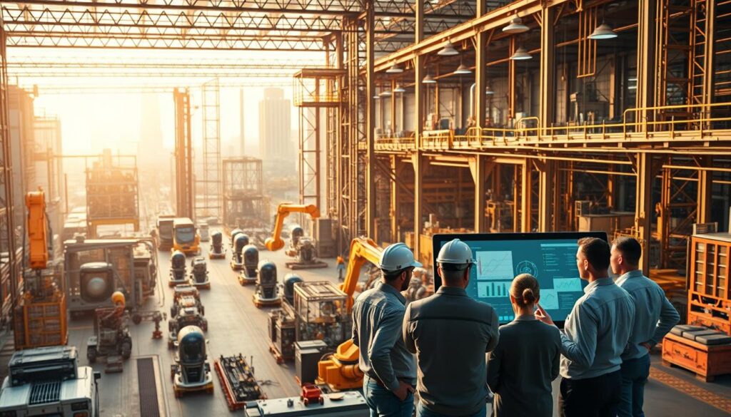 A bustling industrial landscape, filled with towering factories and gleaming machinery. In the foreground, a group of workers and executives gathered around a large touchscreen display, engrossed in discussions and analysis. The scene is bathed in a warm, golden light, reflecting the innovative spirit and technological prowess of the industry. In the background, robotic arms gracefully assemble intricate components, while autonomous vehicles navigate the well-organized factory floor. The overall atmosphere conveys a sense of progress, efficiency, and the seamless integration of AI-driven solutions into the heart of modern industry. A bustling industrial landscape, filled with towering factories and gleaming machinery. In the foreground, a group of workers and executives gathered around a large touchscreen display, engrossed in discussions and analysis. The scene is bathed in a warm, golden light, reflecting the innovative spirit and technological prowess of the industry. In the background, robotic arms gracefully assemble intricate components, while autonomous vehicles navigate the well-organized factory floor. The overall atmosphere conveys a sense of progress, efficiency, and the seamless integration of AI-driven solutions into the heart of modern industry.