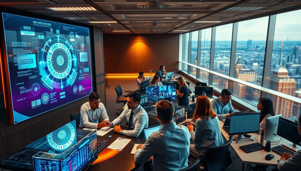 A bustling office interior, illuminated by warm, diffused lighting from overhead fixtures. In the foreground, a group of business executives, their faces alight with excitement, gathered around a large conference table, deep in discussion. Alongside them, holographic displays and interactive touchscreens showcase the latest AI-powered technologies, their interfaces shimmering with vivid colors and intricate visualizations. In the middle ground, teams of engineers and data scientists collaborate at their desks, their fingers flying across keyboards as they integrate these cutting-edge systems into the fabric of the organization. Beyond, the backdrop reveals a panoramic view of a modern cityscape, hinting at the transformative impact of AI on the broader industrial landscape. A bustling office interior, illuminated by warm, diffused lighting from overhead fixtures. In the foreground, a group of business executives, their faces alight with excitement, gathered around a large conference table, deep in discussion. Alongside them, holographic displays and interactive touchscreens showcase the latest AI-powered technologies, their interfaces shimmering with vivid colors and intricate visualizations. In the middle ground, teams of engineers and data scientists collaborate at their desks, their fingers flying across keyboards as they integrate these cutting-edge systems into the fabric of the organization. Beyond, the backdrop reveals a panoramic view of a modern cityscape, hinting at the transformative impact of AI on the broader industrial landscape.