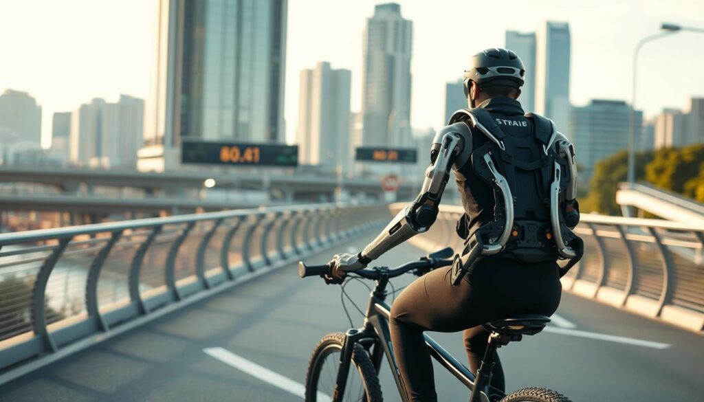 A bustling urban cycling path, with a sleek, futuristic exoskeleton-powered rider gliding effortlessly through the scene. The exoskeleton's intricate network of metallic limbs and joints seamlessly integrated with the rider's movements, amplifying their strength and endurance. In the background, a cityscape of high-rise buildings and transportation infrastructure, hinting at the regulatory landscape and safety considerations governing this emerging technology. Soft, directional lighting illuminates the exoskeleton's intricate details, casting dynamic shadows and creating a sense of depth and atmosphere. The rider's expression is one of focused determination, underscoring the transformative potential of this personal transport revolution. A bustling urban cycling path, with a sleek, futuristic exoskeleton-powered rider gliding effortlessly through the scene. The exoskeleton's intricate network of metallic limbs and joints seamlessly integrated with the rider's movements, amplifying their strength and endurance. In the background, a cityscape of high-rise buildings and transportation infrastructure, hinting at the regulatory landscape and safety considerations governing this emerging technology. Soft, directional lighting illuminates the exoskeleton's intricate details, casting dynamic shadows and creating a sense of depth and atmosphere. The rider's expression is one of focused determination, underscoring the transformative potential of this personal transport revolution.